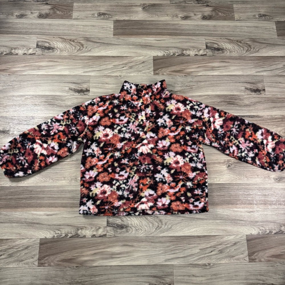 Loft Women's Floral Sherpa Snap Collar Top in Pink Champagne Size XL